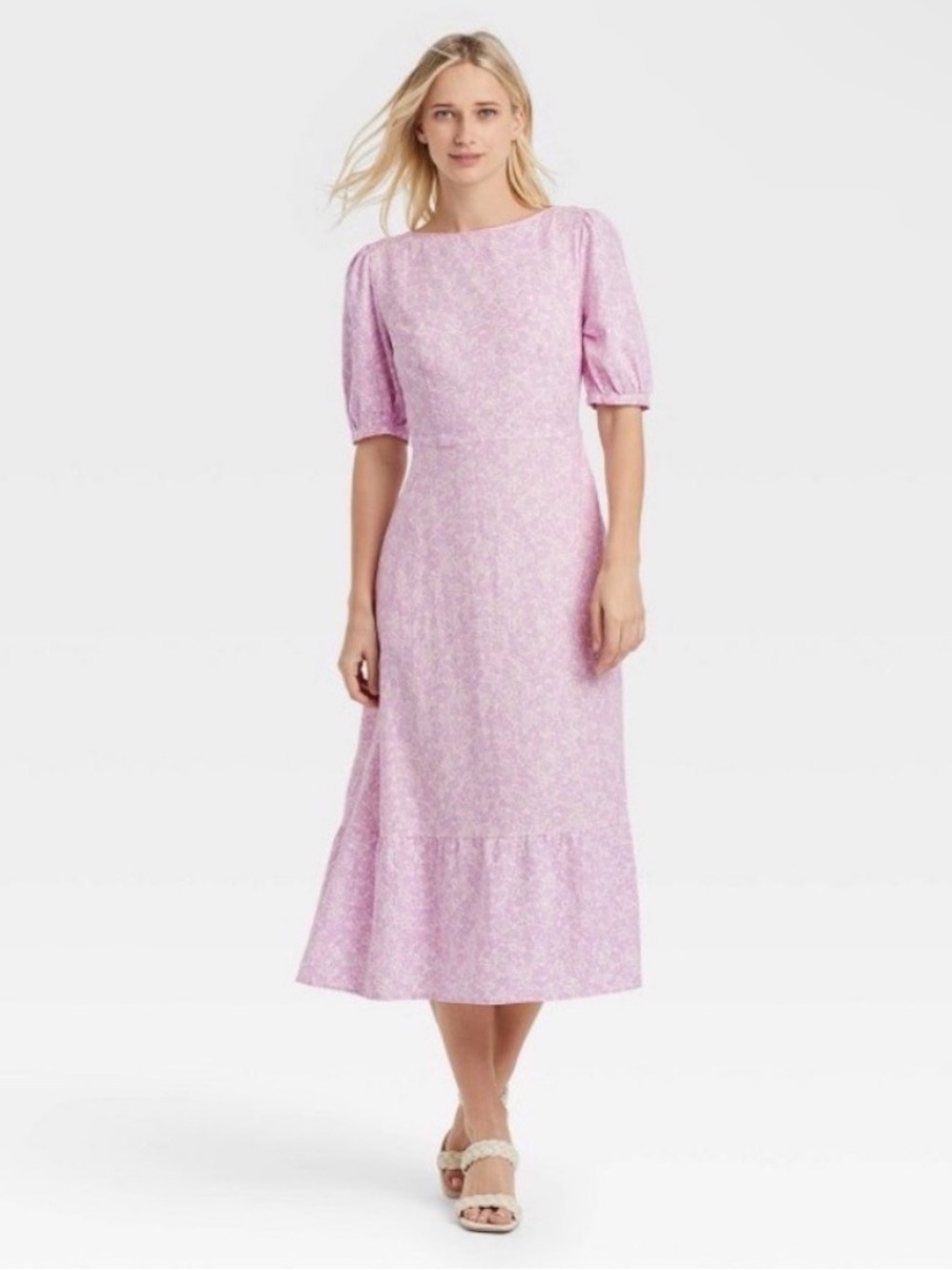 Who What Wear | Lavender Floral Tie-Back Midi Dress size medium linen pastel